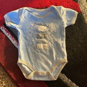 Blue infant onesie, worn once, very good shape, size 0-3 months.